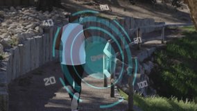 Jogger wearing headphones running along trail, starting digital fitness overlay tracking speed rise. Athletic, fitness, digital, trail, outdoors, energetic, leisure - Powered by Shutterstock - Get 15% off with code: PIKWIZARD15