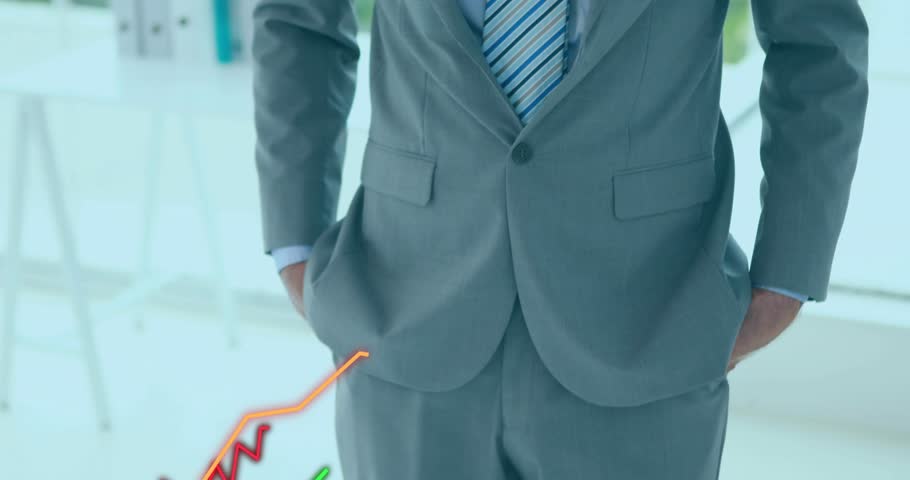 Business executive reacting to line graphs appearing across jacket and smiling at corporate growth. Corporate, analytics, modern, professional, innovation, success, finance