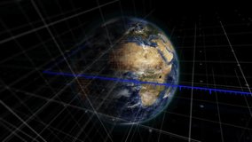 Grid emerging sparking globe rotating, bars growing, line tracing and arcs pulsing visualizing data. Futuristic, abstract, digital, data, visualization, network, technology - Powered by Shutterstock - Get 15% off with code: PIKWIZARD15