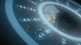 Ring rotating into view causing globe emerging showing arcs representing data flow over grid arrows. Technology, connectivity, innovation, digital, futuristic, network, data - Powered by Shutterstock - Get 15% off with code: PIKWIZARD15