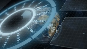 With grid emerging, rotating HUD ring circling digital globe tracing network arcs for data visuals. Futuristic, technology, interface, visualization, network, data, abstraction - Powered by Shutterstock - Get 15% off with code: PIKWIZARD15