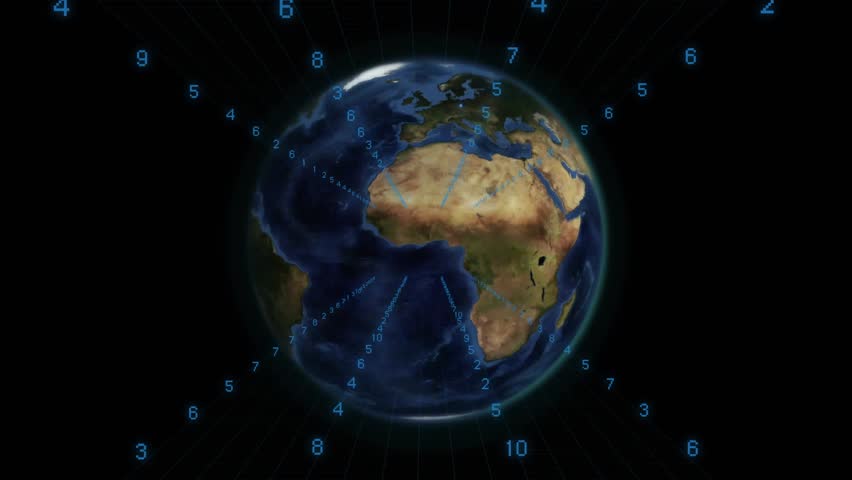 Opening on rotating 3D Earth globe over Africa arcs radiating digits pulsing showing global links. Globes, connectivity, digital, technology, innovation, network, data - Powered by Shutterstock - Get 15% off with code: PIKWIZARD15
