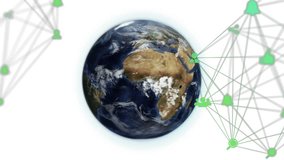 Starting green arcs radiating from right network nodes toward 3D Earth globe displaying data flow. Global connectivity, data visualization, digital network, technology, innovation, abstract - Powered by Shutterstock - Get 15% off with code: PIKWIZARD15