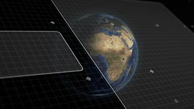 Grid starting waveform panel UI focusing and turning globe rotating HUD rings pulsing visualization. Futuristic, technology, interface, digital, holographic, sci-fi, data - Powered by Shutterstock - Get 15% off with code: PIKWIZARD15