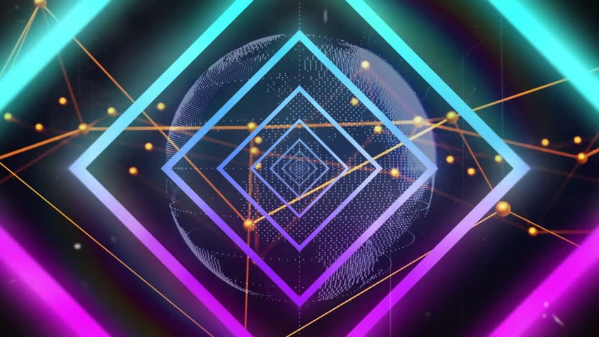 Diamond outline appearing triggers nested neon shapes rotating and nodes weaving data flow. Futuristic, abstract, digital, cyber, technology, network, cosmic - Powered by Shutterstock - Get 15% off with code: PIKWIZARD15