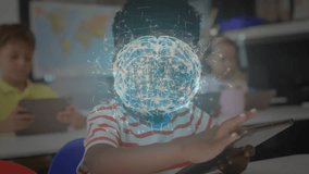 Schoolboy tapping tablet screen and revealing holographic brain projection for interactive learning. Educational, innovation, digital, futuristic, collaboration, youth, technology - Powered by Shutterstock - Get 15% off with code: PIKWIZARD15