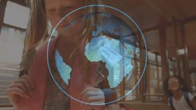 Hologram globe spinning girl adjusting pink backpack as classmates converging in corridor to class. Education, friendship, teamwork, innovation, diversity, school, inspiration - Powered by Shutterstock - Get 15% off with code: PIKWIZARD15