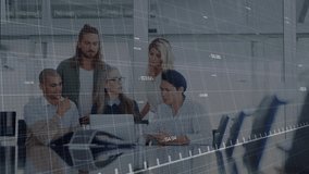 Colleagues gathering around laptop watching green line graph emerging and guiding business analysis. Collaboration, analytics, teamwork, digital, corporate, innovation, data visualization - Powered by Shutterstock - Get 15% off with code: PIKWIZARD15