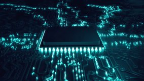 Animated current flow on circuit board. Digital technology data transfer background. Computer processor CPU concept. Digital chip on motherboard. 3D microchip abstract backdrop. AI machine learning - Powered by Shutterstock - Get 15% off with code: PIKWIZARD15