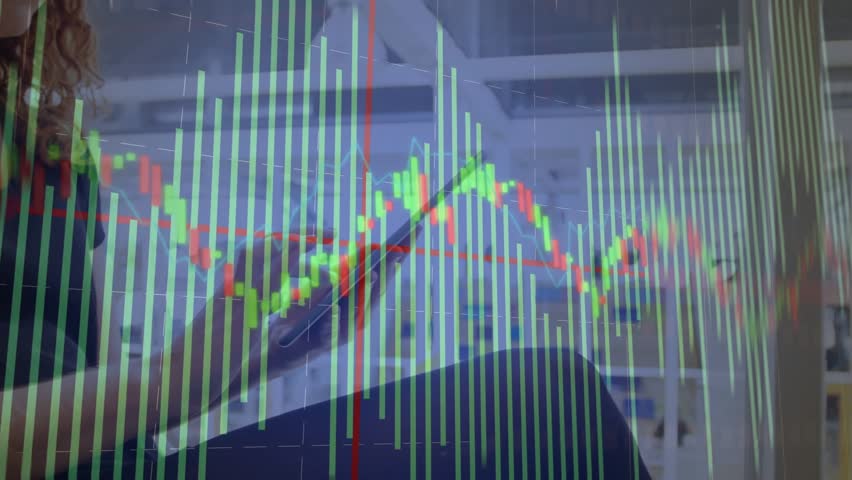 Office pro tapping tablet and scrolling translucent candlestick chart overlay for finance analysis. Financial data, analytics, digital interface, modern workplace, professional, technology, enterprise - Powered by Shutterstock - Get 15% off with code: PIKWIZARD15