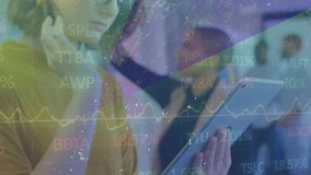 Woman tapping tablet showing overlay while colleague pointing smartphone at it showing market trend. Technology, data, analytics, collaboration, innovation, professional, modern - Powered by Shutterstock - Get 15% off with code: PIKWIZARD15