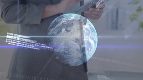 Lightly tapping tablet initiating 3D globe and swiping rotating charts and code for market insight. Technology, data visualization, finance, digital, analytics, modern, corporate - Powered by Shutterstock - Get 15% off with code: PIKWIZARD15