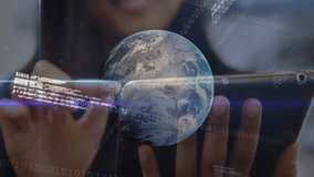 Businesswoman tapping tablet, displaying 3D globe, code and candlestick chart for market analysis. Technology, finance, data visualization, innovation, connectivity, digital, analytics - Powered by Shutterstock - Get 15% off with code: PIKWIZARD15