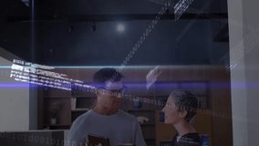 woman swiping tablet and generating binary streams while colleague analyzing technology metrics. Technology, data, innovation, collaboration, digital, analytics, futurism - Powered by Shutterstock - Get 15% off with code: PIKWIZARD15