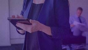 Corporate woman tapping tablet in office, causing 3D grid with rising bar charts for data analysis. Technology, analytics, data visualization, business intelligence, professional, modern, corporate - Powered by Shutterstock - Get 15% off with code: PIKWIZARD15