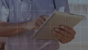 doctor tapping tablet screen initiating animated charts, graphs, grid and world map reviewing data. Healthcare, analytics, digital, technology, data visualization, professionalism, innovation - Powered by Shutterstock - Get 15% off with code: PIKWIZARD15