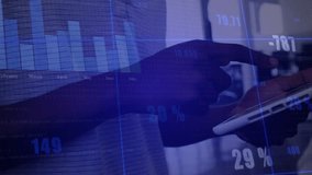 Male analyst tapping tablet, swiping to update bar charts and pie segments for business insights. Data visualization, analytics, digital workspace, technology, professional, modern design - Powered by Shutterstock - Get 15% off with code: PIKWIZARD15