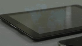 Upon placing tablet on desk, dotted chart rising, migrating onto phone and watch for market trend. Financial technology, data visualization, digital analytics, business intelligence, wearable devices - Powered by Shutterstock - Get 15% off with code: PIKWIZARD15