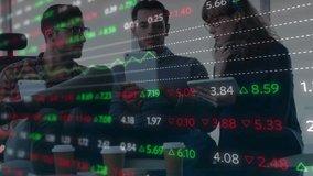 Three analysts gesturing at screens, activating animated stock charts, refreshing data for review. Collaboration, data analysis, finance, technology, teamwork, innovation, corporate - Powered by Shutterstock - Get 15% off with code: PIKWIZARD15