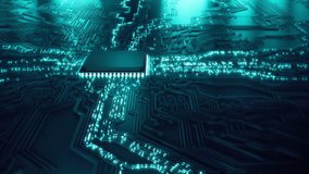 Animated current flow on circuit board. Digital technology data transfer background. Computer processor CPU concept. Digital chip on motherboard. 3D microchip abstract backdrop. AI machine learning - Powered by Shutterstock - Get 15% off with code: PIKWIZARD15