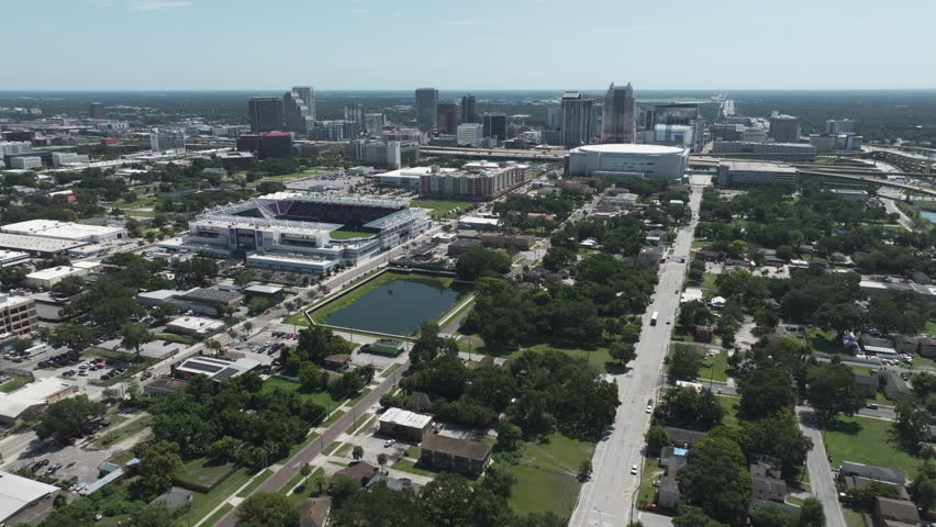 Overlooking Orlando City Stadium In Downtown Orlando, Florida, United States. Aerial Shot