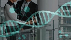 biotech experts analyzing DNA data by swiping smartphone examining holographic helix streaming code. Technology, innovation, teamwork, futuristic, corporate, science, data - Powered by Shutterstock - Get 15% off with code: PIKWIZARD15