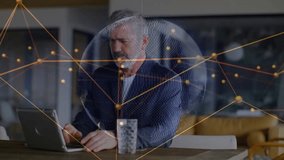 Business executive male typing on laptop and analyzing network data with pulsing sphere graphic. Technology, data, innovation, professional, digital, connectivity, modern - Powered by Shutterstock - Get 15% off with code: PIKWIZARD15