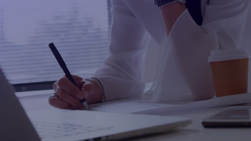 Writing notes businesswoman activating data overlays updating percentages for tracking progress. Corporate, innovation, analytics, productivity, modern, professional, focus - Powered by Shutterstock - Get 15% off with code: PIKWIZARD15