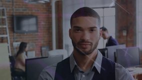 Man standing in office digital overlay animating around him and reacting with laughter in tech demo. Collaboration, innovation, connectivity, technology, modern, workspace, digital - Powered by Shutterstock - Get 15% off with code: PIKWIZARD15