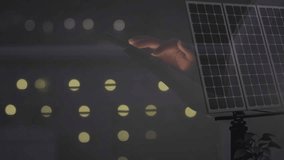 Hand entering behind grid overlay, animating red and blue charts showing solar panel data. Technology, data visualization, holography, innovation, futuristic, analysis, digital interface - Powered by Shutterstock - Get 15% off with code: PIKWIZARD15