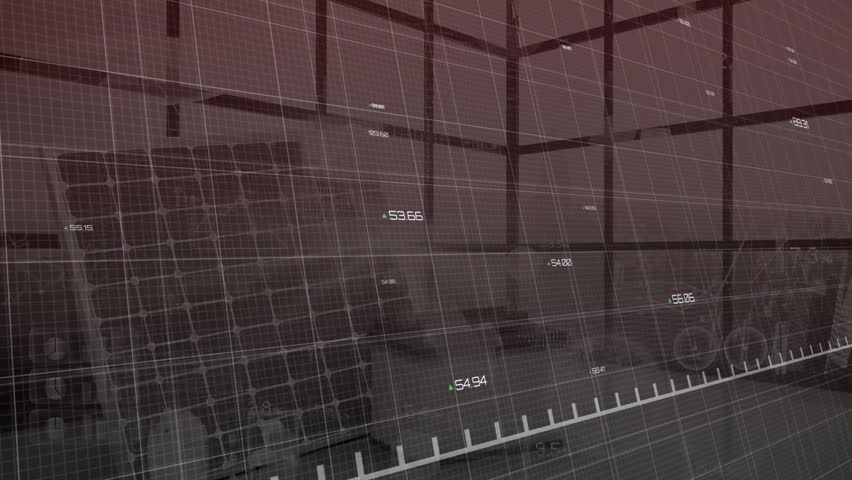 Entering from top left, red trend line dipping, surging, plunging to show data volatility. Analytics, data visualization, digital interface, graphical chart, technological, financial, progress