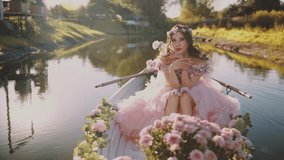 Fantasy beautiful face happy young romantic woman princess sitting in boat floating down the river sun light. ship decorated with flowers white pink color. Fairy tale adult girl bride, luxury dress 4k - Powered by Shutterstock - Get 15% off with code: PIKWIZARD15