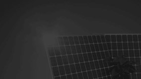 Grid fading in above solar panel with plant, sliding lines, bars, labels showing energy trends. Technology, analytics, renewable, innovation, sustainability, data visualization, futuristic - Powered by Shutterstock - Get 15% off with code: PIKWIZARD15