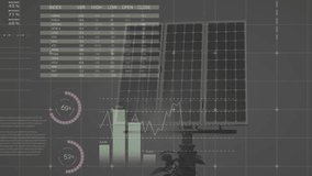 Opening on solar panel array, gauges animating charts and map emerging analytic dashboard forming. Renewable, sustainability, innovation, technology, data visualization, clean energy, futuristic - Powered by Shutterstock - Get 15% off with code: PIKWIZARD15