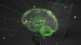 On startup neon green 3D brain model rotating and mapping regions with data icons for diagnostics. Neuroscience, artificial intelligence, digital, futuristic, visualization, technology, connectivity - Powered by Shutterstock - Get 15% off with code: PIKWIZARD15