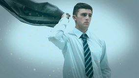 Businessman raising suit jacket behind shoulder and pulling onto back as golden particles swirling. Professional, sophistication, elegance, motion, gesture, dynamic, minimalist - Powered by Shutterstock - Get 15% off with code: PIKWIZARD15