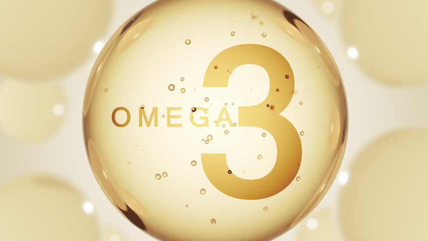 A golden glossy sphere with omega-3. Omega 3 pill capsule. Abstract 3D bubble drop background
