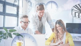 Three colleagues reviewing and finishing work in business as drifting clock overlays showing time. Collaboration, teamwork, innovation, productivity, modern, professional, workspace - Powered by Shutterstock - Get 15% off with code: PIKWIZARD15