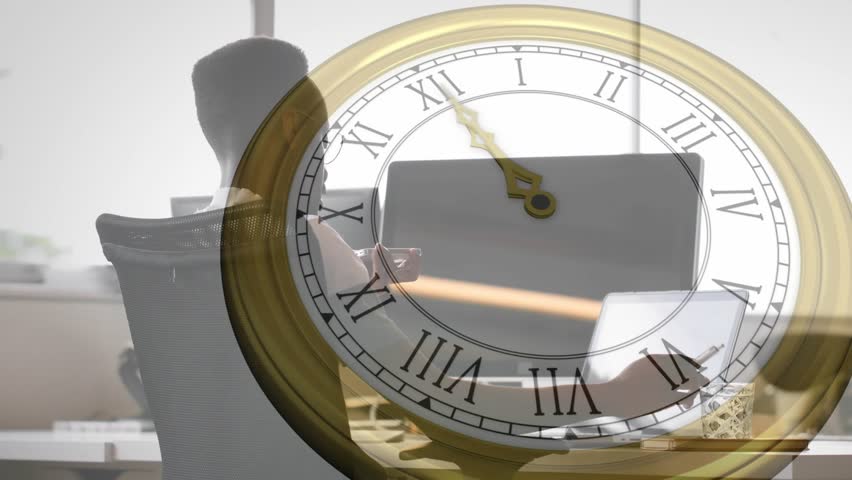 Business professional scrolling smartphone initiating analog clock advancing during focused work. Productivity, focus, time management, modern office, professional environment, digital work - Powered by Shutterstock - Get 15% off with code: PIKWIZARD15