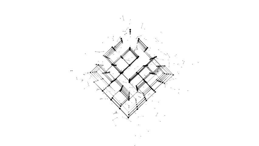 Halftone animation of squares, diamonds, and dots. Maze icon. Randomly rotating Cube with monochrome point. Puzzle design. Alpha channel. Cosmic body. Technology, medicine, business. QuickTime, 4K.