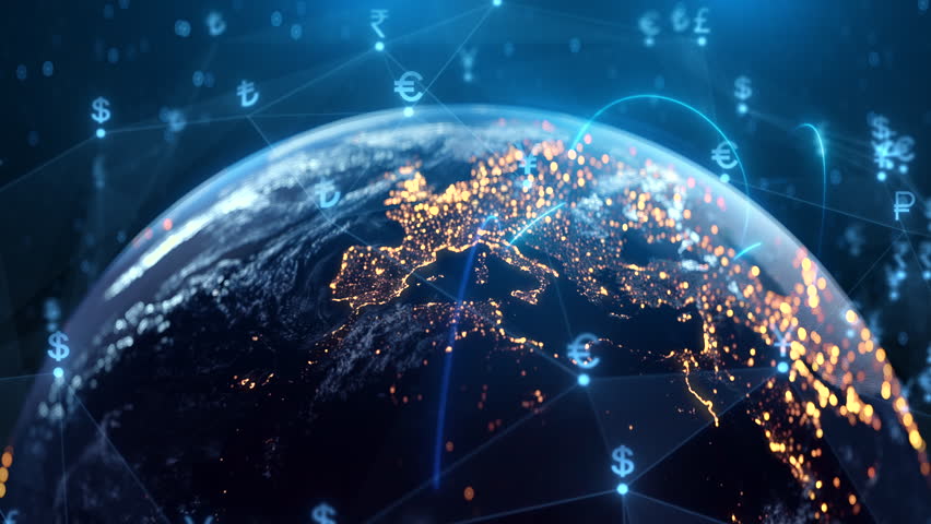 Global Financial Network Animation - Currency Exchange, Digital Money Transfer, Earth Fintech Data Visualization, Blockchain Economy, Globalization, Investment, Crypto, Banking, World Trade