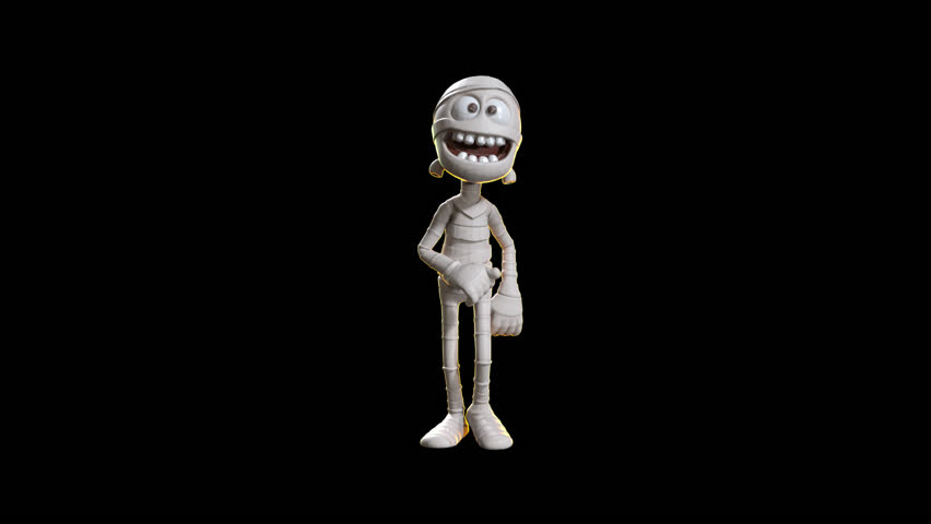 Animated toon-style mummy character dancing or walking on black, with alpha channel. Perfect for Halloween-themed motion graphics.
