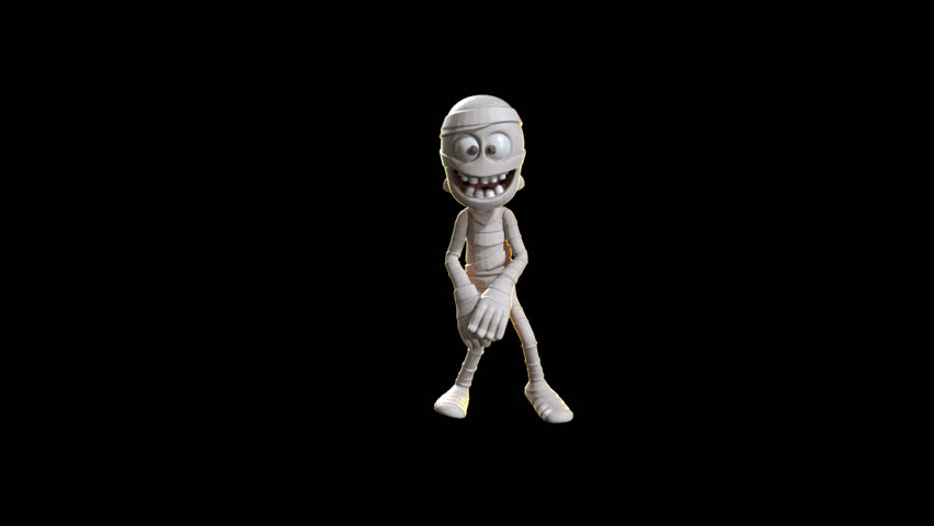 Animated toon-style mummy character dancing or walking on black, with alpha channel. Perfect for Halloween-themed motion graphics.