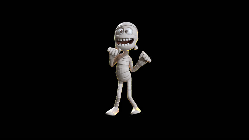 Animated toon-style mummy character dancing or walking on black, with alpha channel. Perfect for Halloween-themed motion graphics.