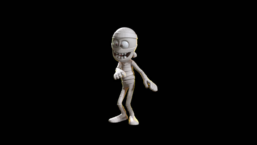 Animated toon-style mummy character dancing or walking on black, with alpha channel. Perfect for Halloween-themed motion graphics.