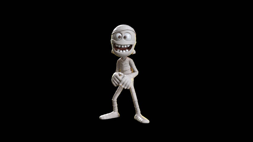 Animated toon-style mummy character dancing or walking on black, with alpha channel. Perfect for Halloween-themed motion graphics.