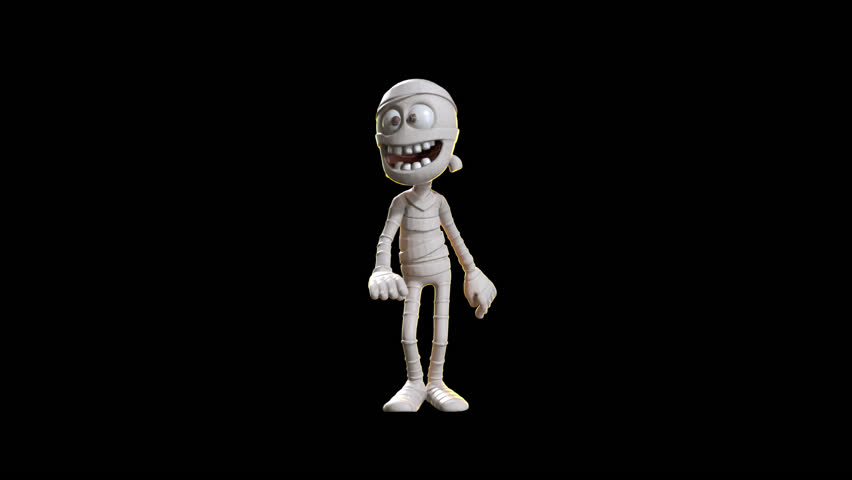 Animated toon-style mummy character dancing or walking on black, with alpha channel. Perfect for Halloween-themed motion graphics.