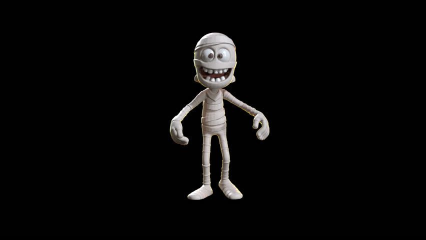 Animated toon-style mummy character dancing or walking on black, with alpha channel. Perfect for Halloween-themed motion graphics.