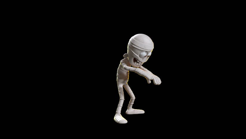 Animated toon-style mummy character dancing or walking on black, with alpha channel. Perfect for Halloween-themed motion graphics.