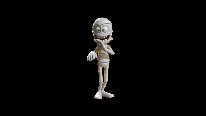 Animated toon-style mummy character dancing or walking on black, with alpha channel. Perfect for Halloween-themed motion graphics.